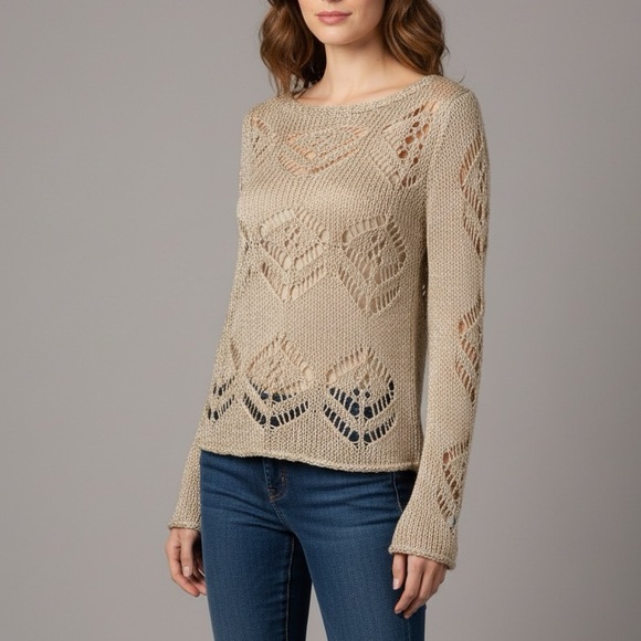 Liu Jo Sweaters - LIU JO Milano Open-Knit Gold Lurex Italian Crochet Sweater Size Large
